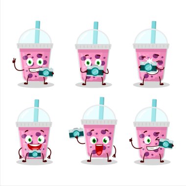 Üzüm sütü ve boba çizgi film karakteri ile fotoğrafçılık mesleği simgesi. Vektör illüstrasyonu