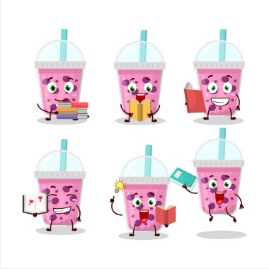 Üzümlü süt resmi ve çizgi film karakteri konsepti komik bir kitap okuyor. Vektör illüstrasyonu