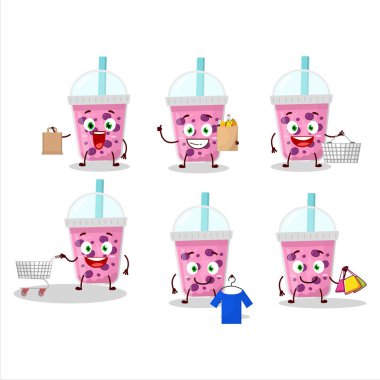 Zengin üzümlü süt ve boba maskotu tasarımı alışverişe gidiyor. Vektör illüstrasyonu