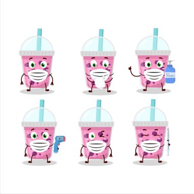 Boba çizgi film tasarımı tarzında üzüm sütü resmi salgın sırasında sağlıklı kalmaya devam eder. Vektör illüstrasyonu