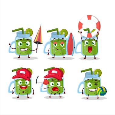 Happy Face kivi smoothie çizgi film karakteri sahilde oynuyor. Vektör illüstrasyonu