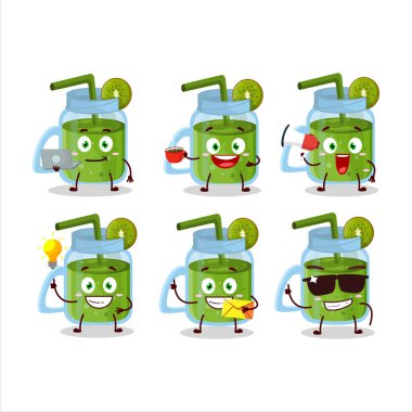 Çeşitli iş simgelerine sahip Kiwi smoothie çizgi film karakteri. Vektör illüstrasyonu