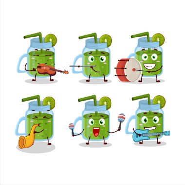 Kiwi smoothie 'nin çizgi film karakteri müzik enstrümanları çalıyor. Vektör illüstrasyonu