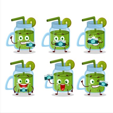 Kiwi smoothie çizgi film karakteri ile fotoğrafçılık mesleği simgesi. Vektör illüstrasyonu