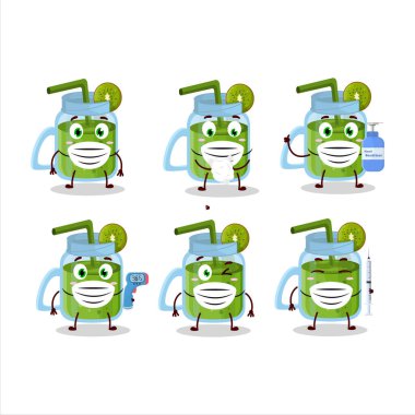 Kiwi smoothie karikatür tasarımı salgın sırasında sağlıklı kalmaya devam ediyor. Vektör illüstrasyonu