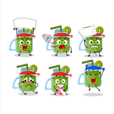 Çekici bir destekçi olarak kivi smoothie karakterinin maskot tasarımı tarzı. Vektör illüstrasyonu