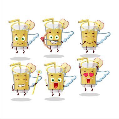 Tatlı bir melek karakteri olarak taze elma suyu çizgi filmi tasarımları. Vektör illüstrasyonu