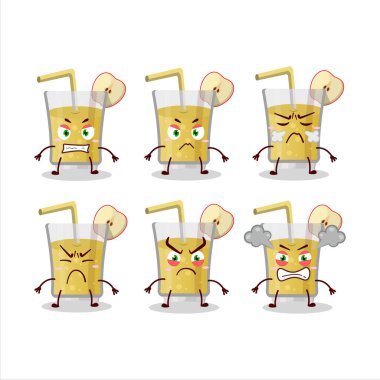 Çeşitli kızgın ifadeleri olan taze elma suyu çizgi film karakteri. Vektör illüstrasyonu