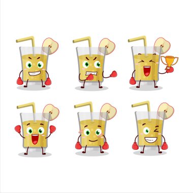 Spor, taze elma suyu, boks, çizgi film maskotu tasarımı. Vektör illüstrasyonu