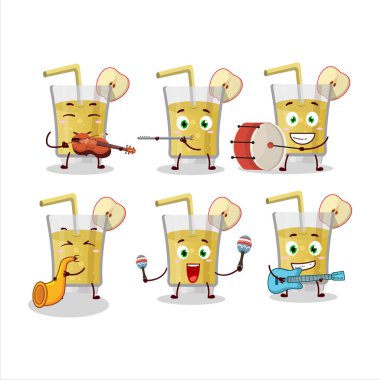 Taze elma suyunun çizgi film karakteri müzik enstrümanları çalıyor. Vektör illüstrasyonu