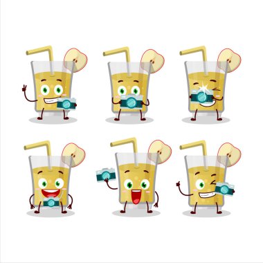 Taze elma suyu çizgi film karakteri ile fotoğrafçılık mesleği simgesi. Vektör illüstrasyonu