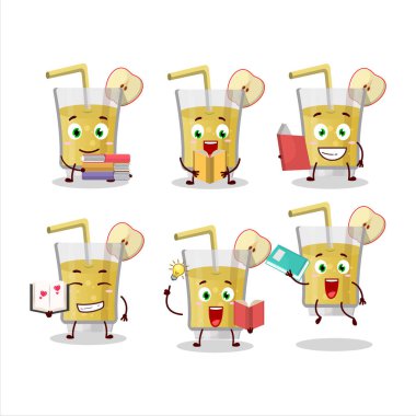 Komik bir kitap okuyan taze elma suyu çizgi film karakteri konsepti. Vektör illüstrasyonu