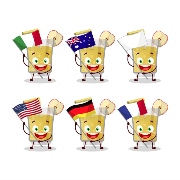 Fresco Personaggio Cartone Animato Succo Mela Portare Bandiere Vari Paesi — Vettoriale Stock