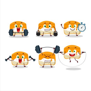 Sağlıklı bir turuncu pasta çizgi film stili spor salonunda bazı aletler deniyor. Vektör illüstrasyonu