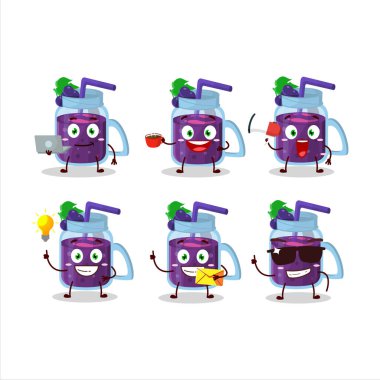 Çeşitli iş simgelerine sahip üzümlü smoothie çizgi film karakteri. Vektör illüstrasyonu