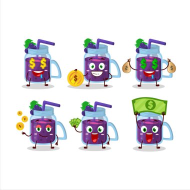 Üzümlü smoothie çizgi film karakteri, şirin ifadeli, yanında para getiriyor. Vektör illüstrasyonu