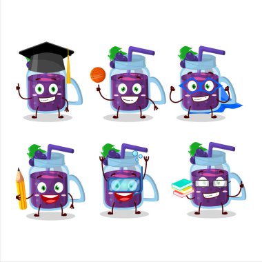 Üzümlü smoothie çizgi film karakteri öğrencisi ve çeşitli ifadeleri var. Vektör illüstrasyonu