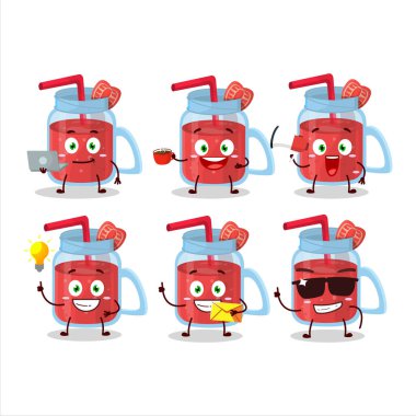 Çeşitli iş simgelerine sahip çilekli smoothie çizgi film karakteri. Vektör illüstrasyonu