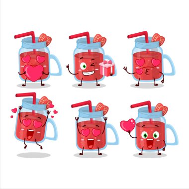 Sevgi ifadesi olan çilekli smoothie çizgi film karakteri. Vektör illüstrasyonu