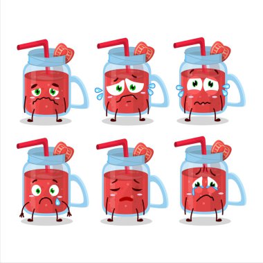 Hüzünlü ifadeli çilekli smoothie çizgi film karakteri. Vektör illüstrasyonu