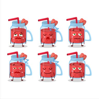 Uykulu ifadeli çilekli smoothie çizgi film karakteri. Vektör illüstrasyonu