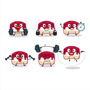 Sağlıklı bir vişneli pasta çizgi film stili Fitness Merkezi 'nde bazı aletler deniyor. Vektör illüstrasyonu