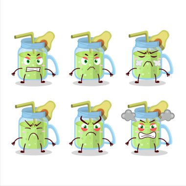 Avokado smoothie çizgi film karakteri ve çeşitli kızgın ifadeler. Vektör illüstrasyonu