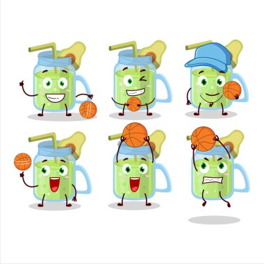 Basketbol atleti olarak yetenekli avokado smoothie çizgi film karakteri. Vektör illüstrasyonu