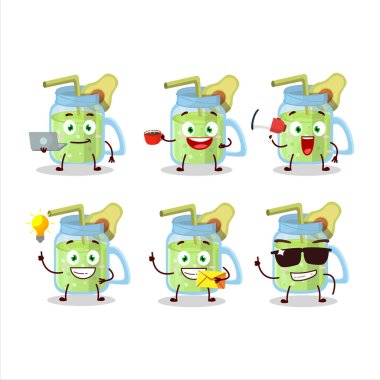 Avokado smoothie çizgi film karakteri ve çeşitli iş simgeleri. Vektör illüstrasyonu