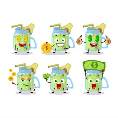 Avokado smoothie çizgi film karakteri ve şirin ifadeleri para getiriyor. Vektör illüstrasyonu