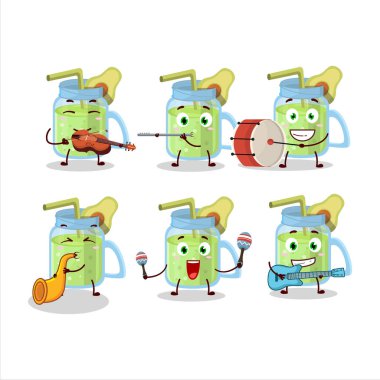 Avokado smoothie 'nin çizgi film karakteri müzik enstrümanları çalıyor. Vektör illüstrasyonu