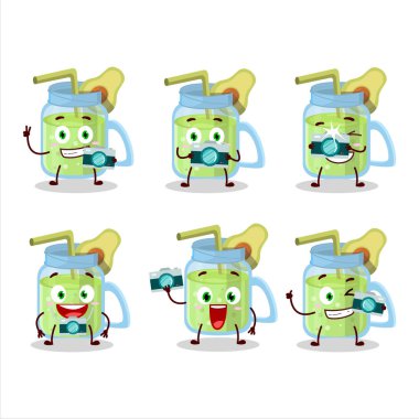 Avokado smoothie çizgi film karakteri ile fotoğrafçılık mesleği simgesi. Vektör illüstrasyonu