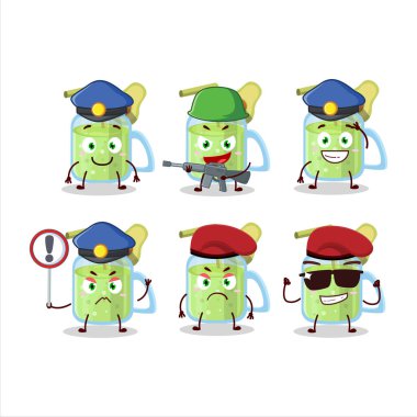 Avokado smoothie maskotu tasarım tarzında kendini işine adamış bir polis memuru. Vektör illüstrasyonu
