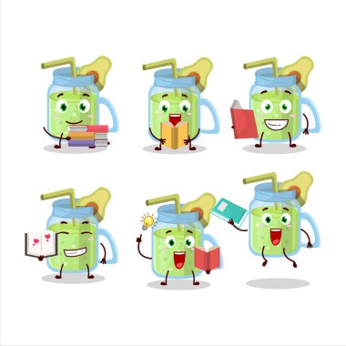 Avokado smoothie çizgi film karakteri konsepti komik bir kitap okuyor. Vektör illüstrasyonu