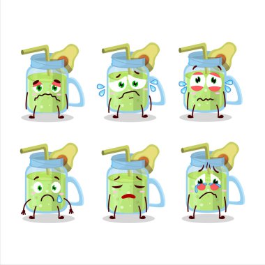 Avokado smoothie karikatür karakteri üzgün bir ifadeyle. Vektör illüstrasyonu