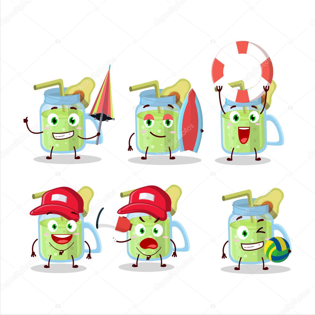 Happy Face avocado smoothie cartoon character playing on a beach. Vector illustration