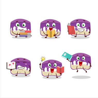 Komik bir kitap okuyan üzümlü pasta çizgi film karakteri konsepti. Vektör illüstrasyonu