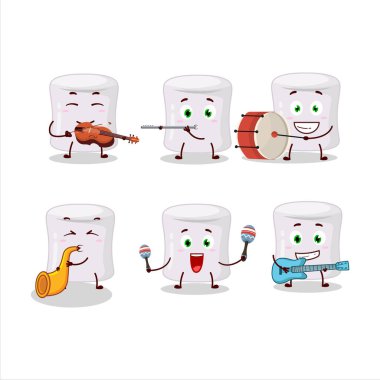 Marshmallow çizgi film karakteri müzik enstrümanları çalıyor. Vektör illüstrasyonu