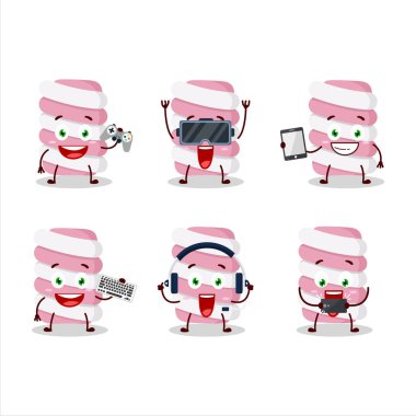 Marshmallow Twist çizgi film karakteri çeşitli şirin emoticonlarla oyunlar oynuyor. Vektör illüstrasyonu