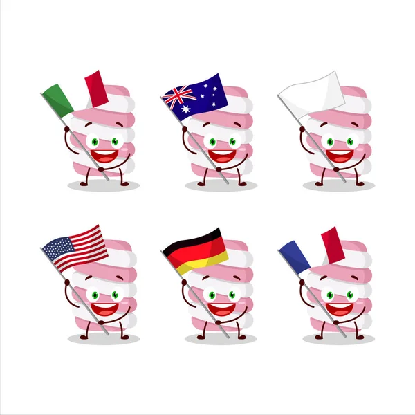 Personnage Bande Dessinée Torsion Guimauve Apporter Les Drapeaux Divers Pays — Image vectorielle