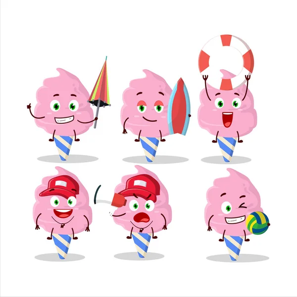 快乐脸棉花糖草莓卡通人物在海滩上玩耍 矢量说明 — 图库矢量图片