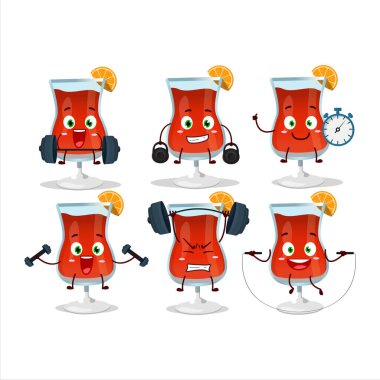 Spor salonunda bazı aletler deneyen sağlıklı bir kozmopolit kokteyl karikatürü. Vektör illüstrasyonu