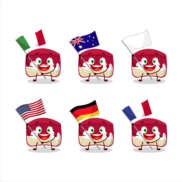 Personaje Dibujos Animados Pastel Cereza Trae Las Banderas Varios Países — Vector de stock