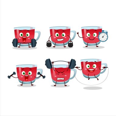 Sağlıklı bir rooibos çay karikatür tarzı spor salonunda bazı aletler deniyor. Vektör illüstrasyonu