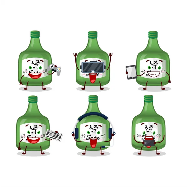 Soju Cartoon Character Playing Games Various Cute Emoticons Vector Illustration — 스톡 벡터