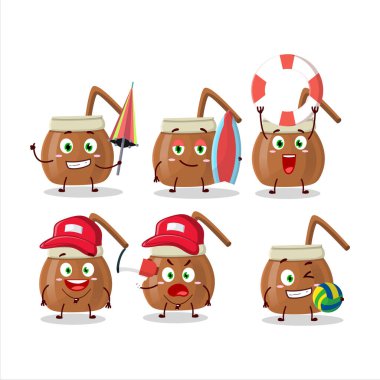 Happy Face mate tea cartoon character playing on a beach. Vector illustration