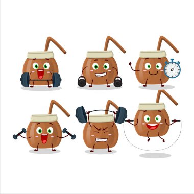 A healthy mate tea cartoon style trying some tools on Fitness center. Vector illustration