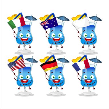 Blue hawaii cartoon character bring the flags of various countries. Vector illustration