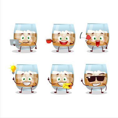 Çeşitli iş simgeleriyle rom içen çizgi film karakteri. Vektör illüstrasyonu