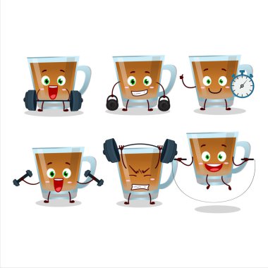 Sağlıklı bir şah hawash çizgi film stili Fitness merkezinde bazı aletler deniyor. Vektör illüstrasyonu